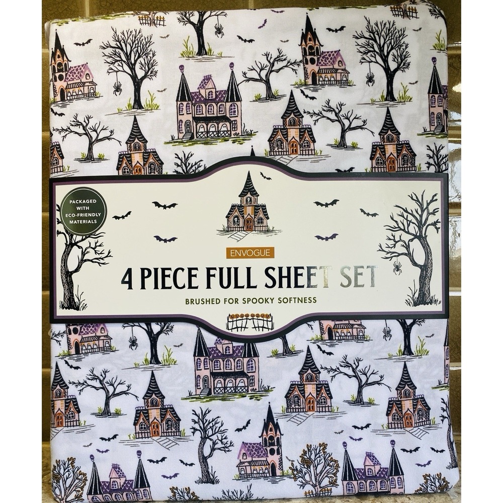 Envogue FULL Sheet Set Halloween Haunted House Spooky Ghosts Bat Spiders NWT